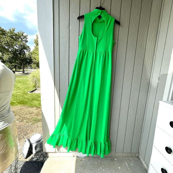 Vintage 60s/70s House of Bianchi Green Maxi Dress M/L Keyhole Back Mod Ruffle He - Picture 4 of 5